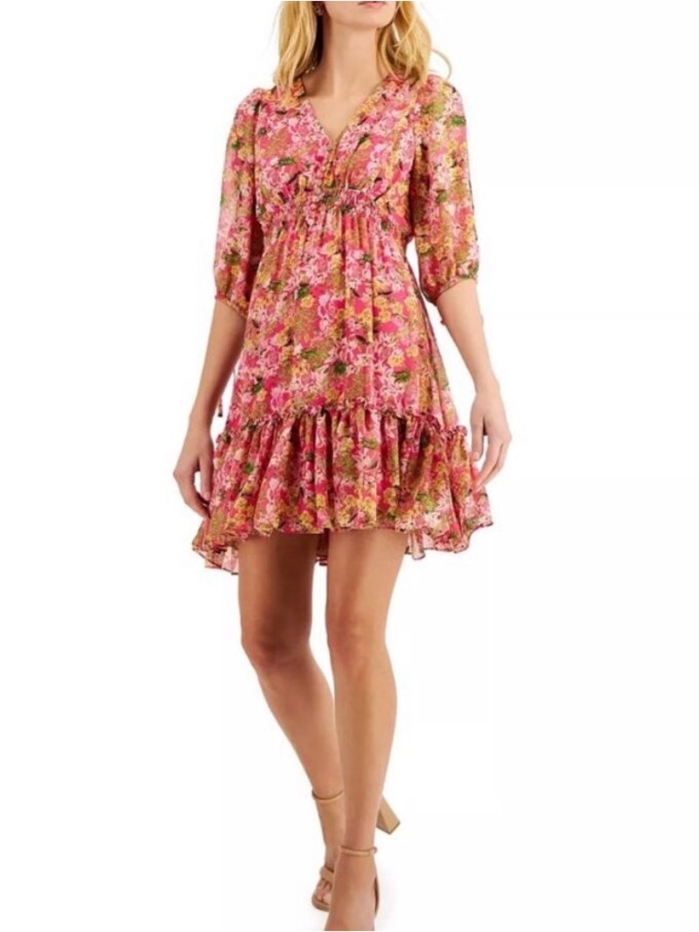 Taylor Floral Pink Ruffled V-Neck Mini Dress